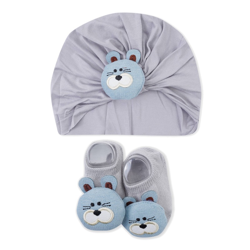 Baby Turban Cap & Booties Set Grey Cat – Sunshine