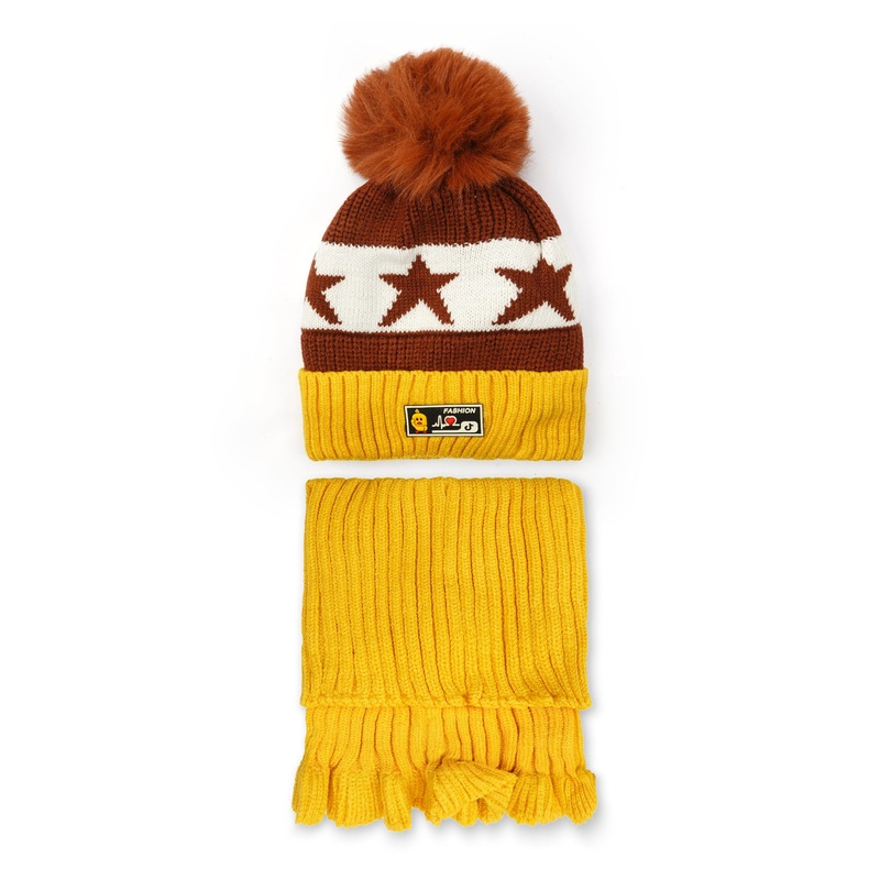 Knitted Cap & Neck Warmer Set Brown & Mustard – Sunshine