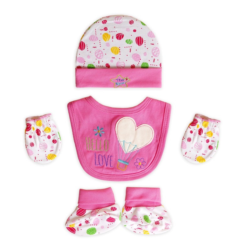 Baby 5Pcs Cap & Bib Set Hello Love Pink – Sunshine