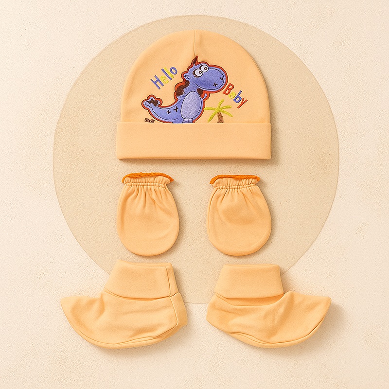 Baby Cap, Mittens & Booties Set Dino Peach – Sunshine