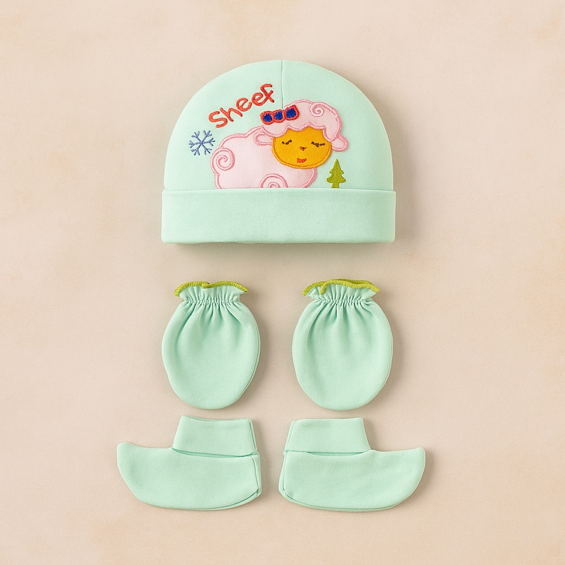 Baby Cap, Mittens & Booties Set Sheep Sea Green – Sunshine