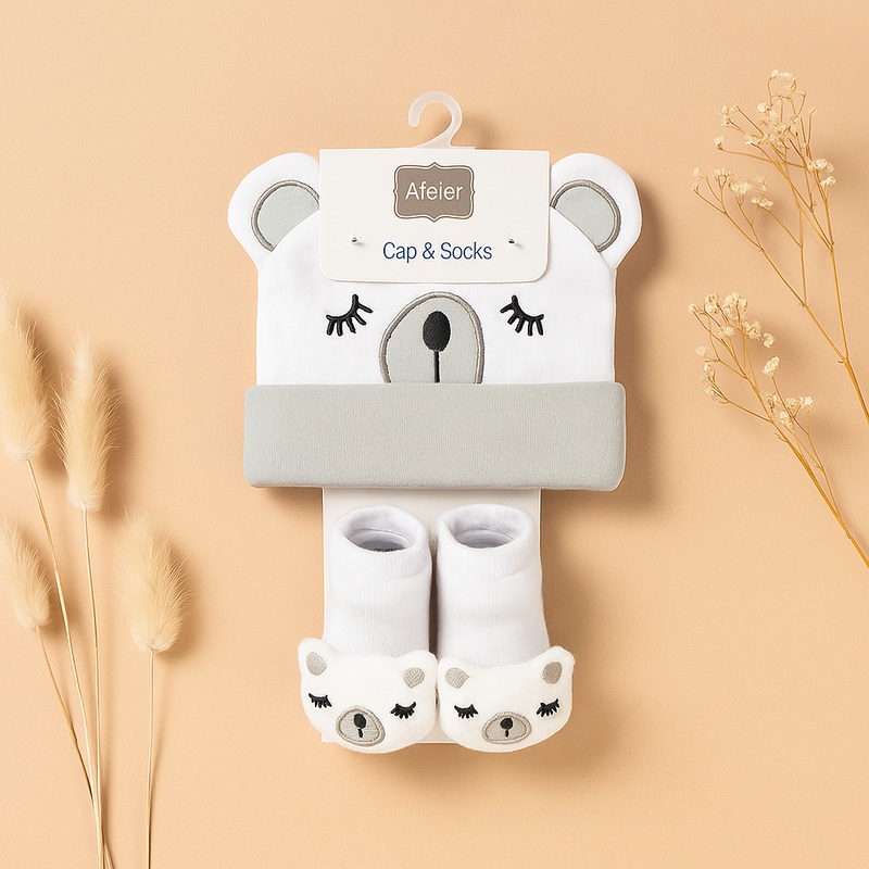 Baby Cap & Booties Set 3Pcs Bear Grey – Sunshine