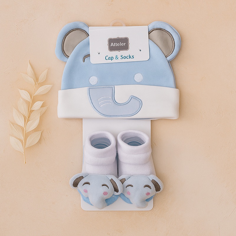 Baby Cap & Booties Set 3Pcs Elephant Sky Blue – Sunshine