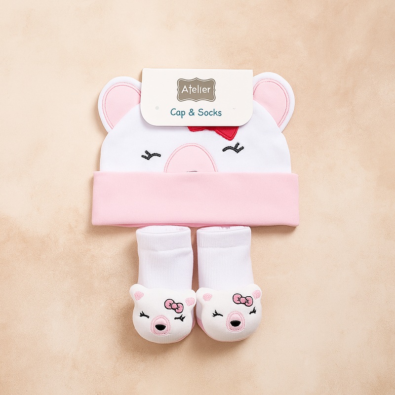 Baby Cap & Booties Set 3Pcs Bear Bow Pink – Sunshine