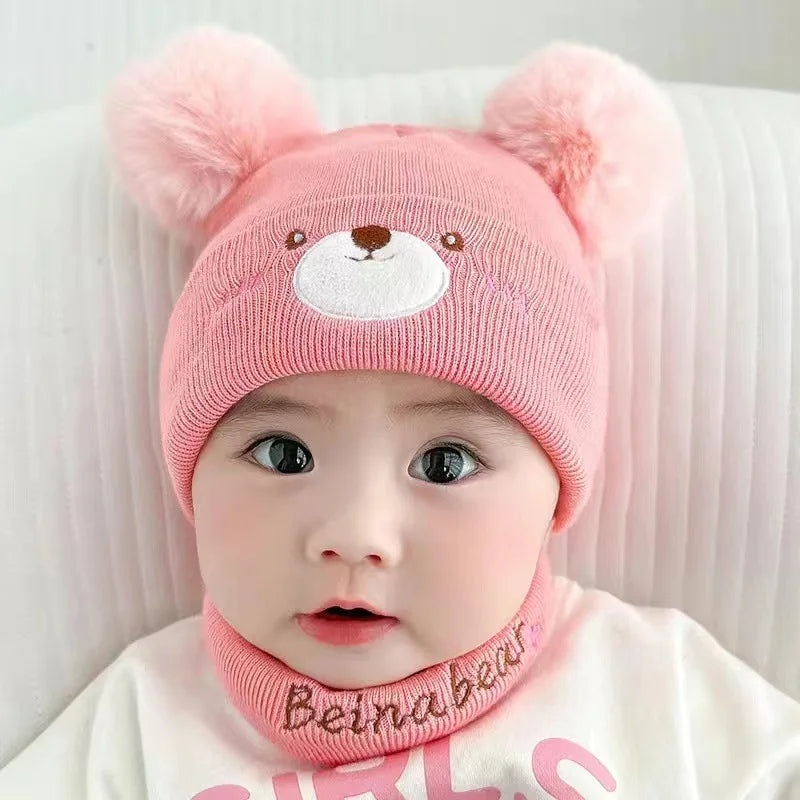 Baby Woolen Cap & Neck Warmer Set Bear Pink – Sunshine