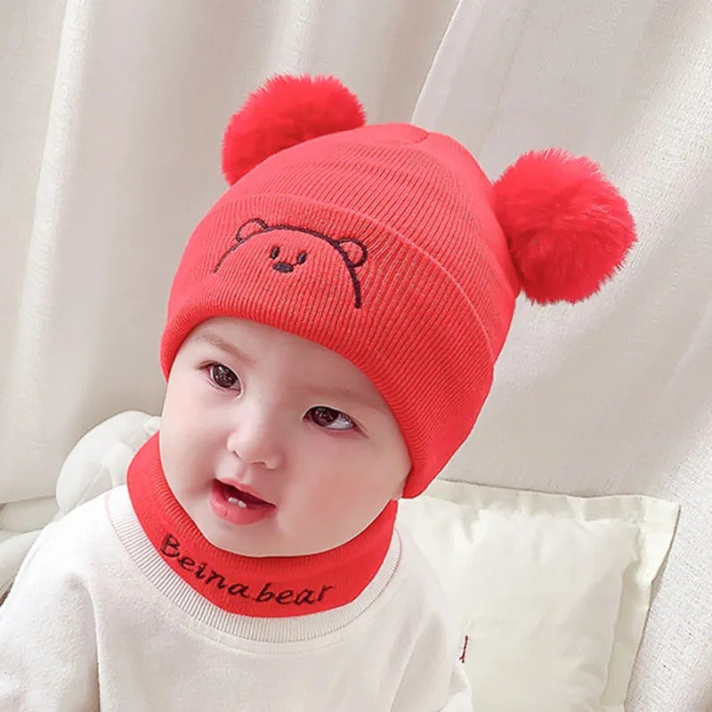 Baby Woolen Cap & Neck Warmer Set Bear Red – Sunshine