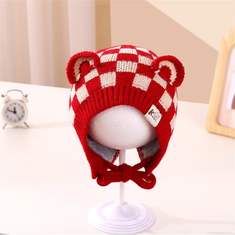 Baby Woolen String Cap Check Red – Sunshine
