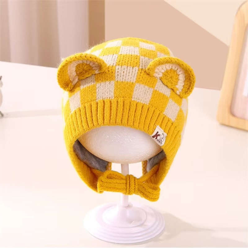 Baby Woolen String Cap Check Yellow – Sunshine