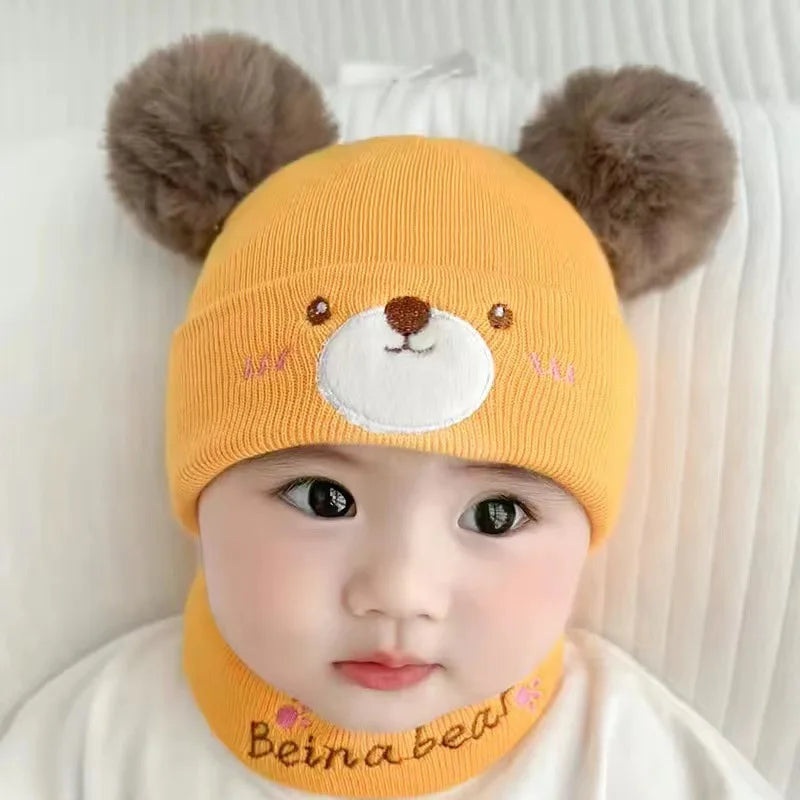 Baby Woolen Cap & Neck Warmer Set Bear Yellow – Sunshine