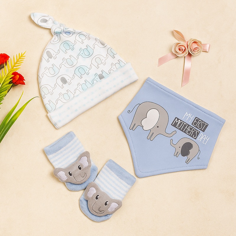 Baby 3Pcs Cap Bandana & Socks Set Elephant Blue – Sunshine