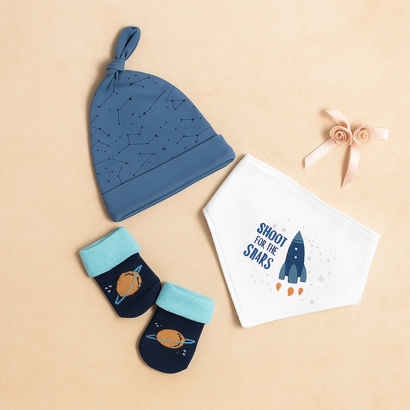 Baby 3Pcs Cap Bandana & Socks Set Shoot For The Stars Blue – Sunshine
