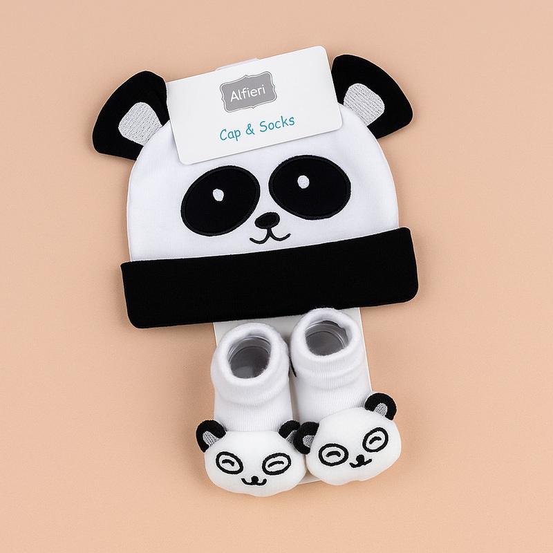Baby Cap & Booties Set 3Pcs Panda Black – Sunshine