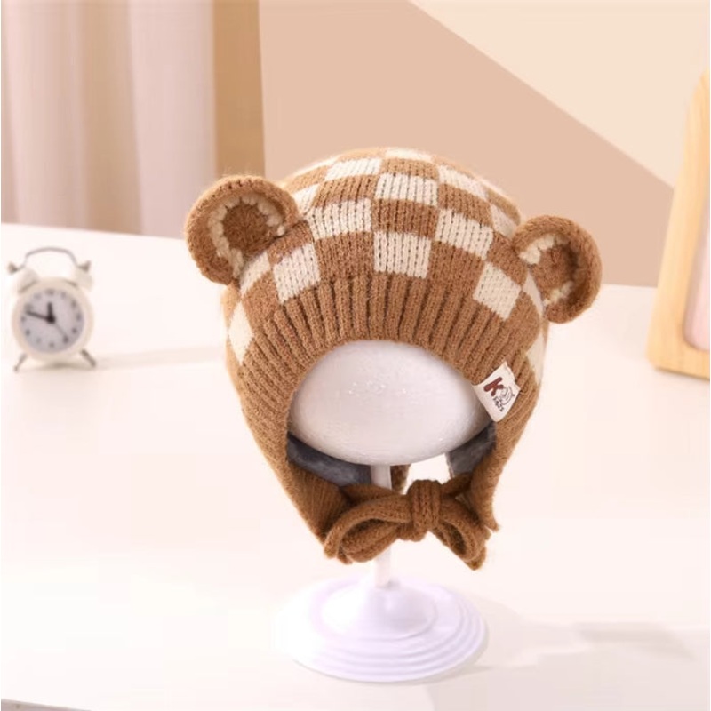 Baby Woolen String Cap Check Brown – Sunshine