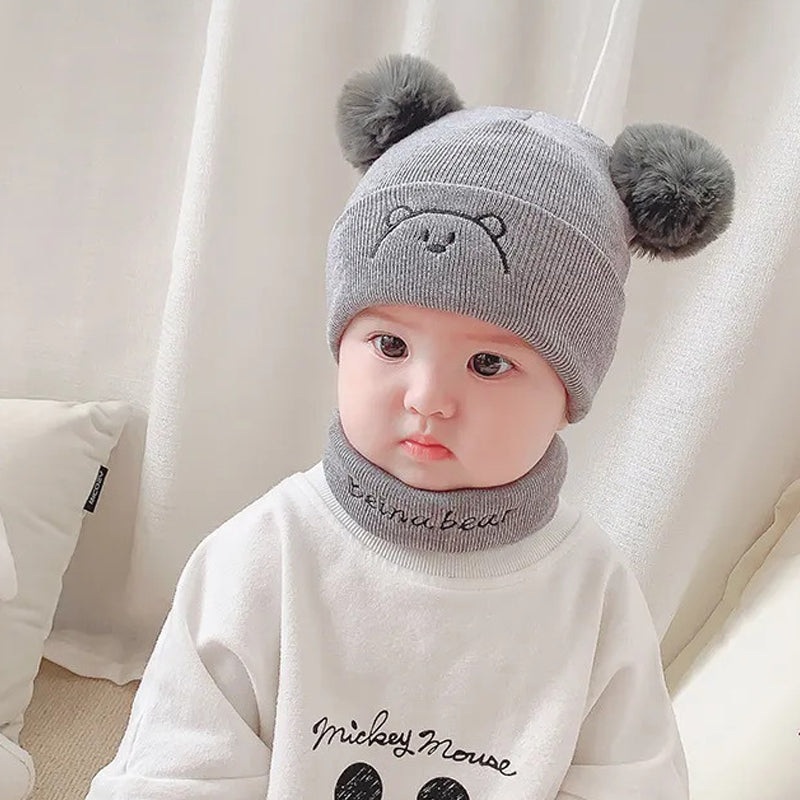 Baby Woolen Cap & Neck Warmer Set Bear Grey – Sunshine