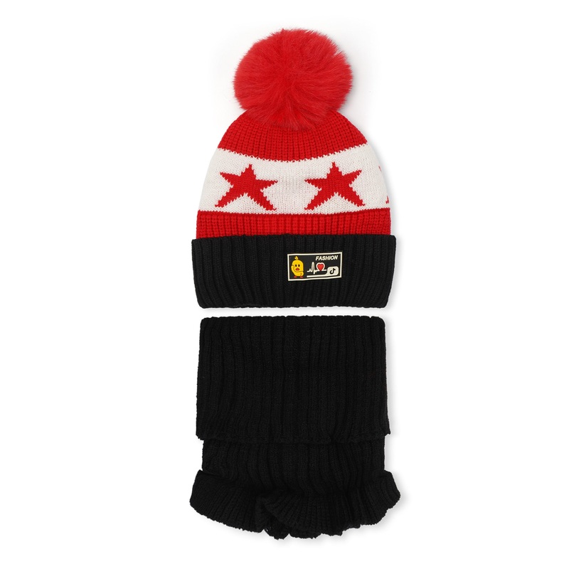 Knitted Cap & Neck Warmer Set Red & Black – Sunshine