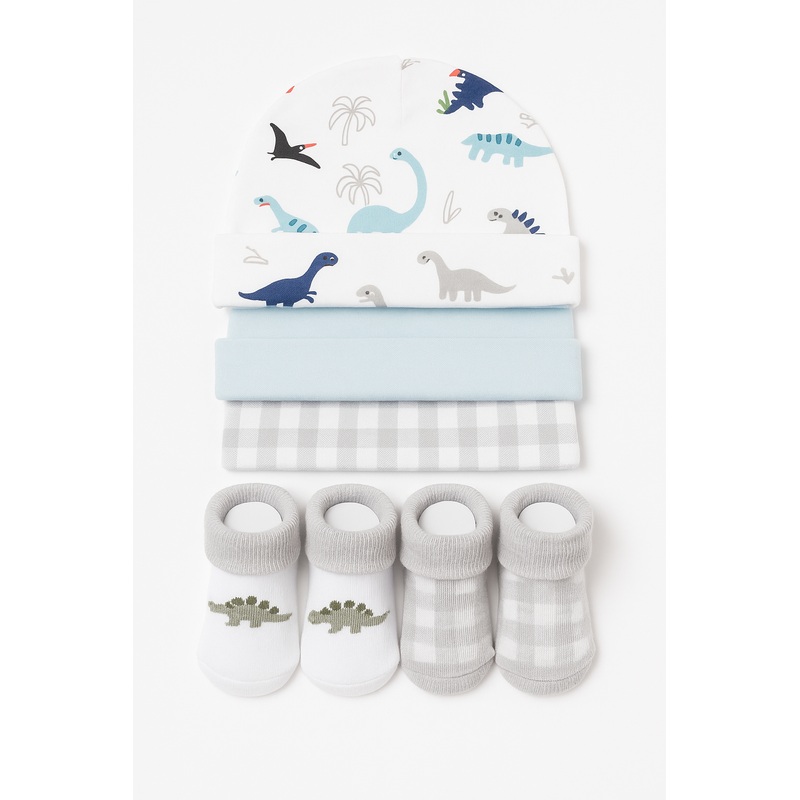Baby 5Pcs Caps & Bootiess Set Dino Grey – Sunshine