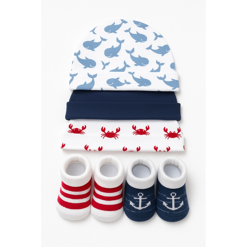 Baby 5Pcs Caps & Bootiess Set Whale Blue – Sunshine