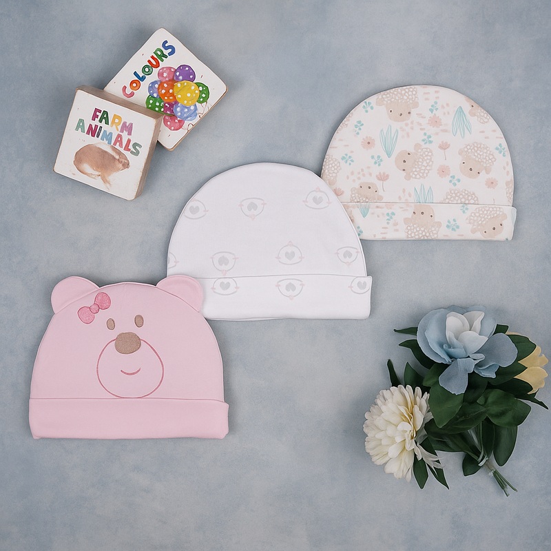Baby Caps Pack Of 3 Bear Pink – Sunshine