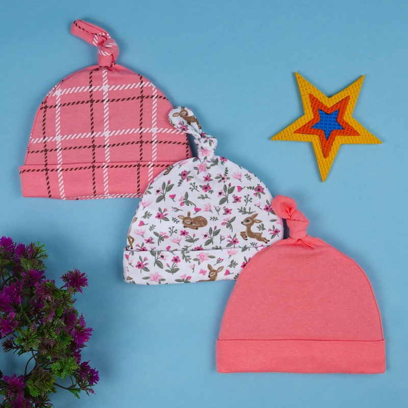 Baby Cotton Knot Caps Pack Of 3 Deer & Flowers – Sunshine
