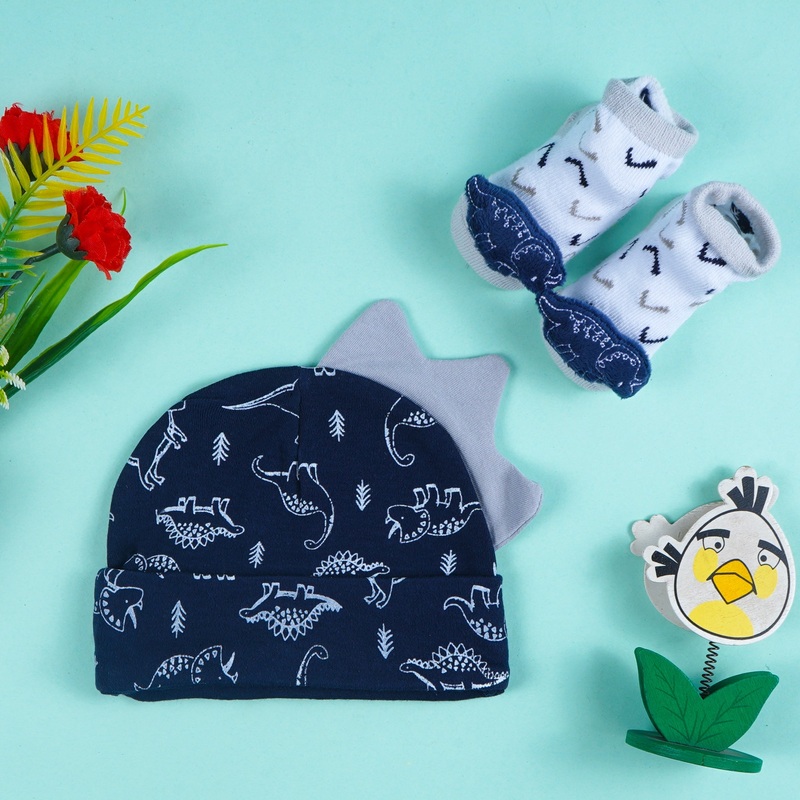 Baby Pack Of 2 Cap & Socks Set Dinosaurs Navy Blue – Sunshine