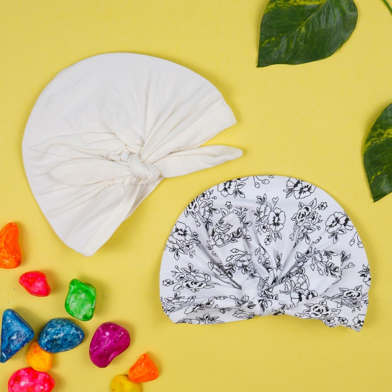 Baby Pack Of 2 Cotton Turban Cap Set Black Flower – Sunshine
