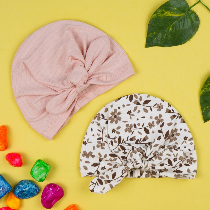 Baby Pack Of 2 Cotton Turban Cap Set Brown Flower White – Sunshine