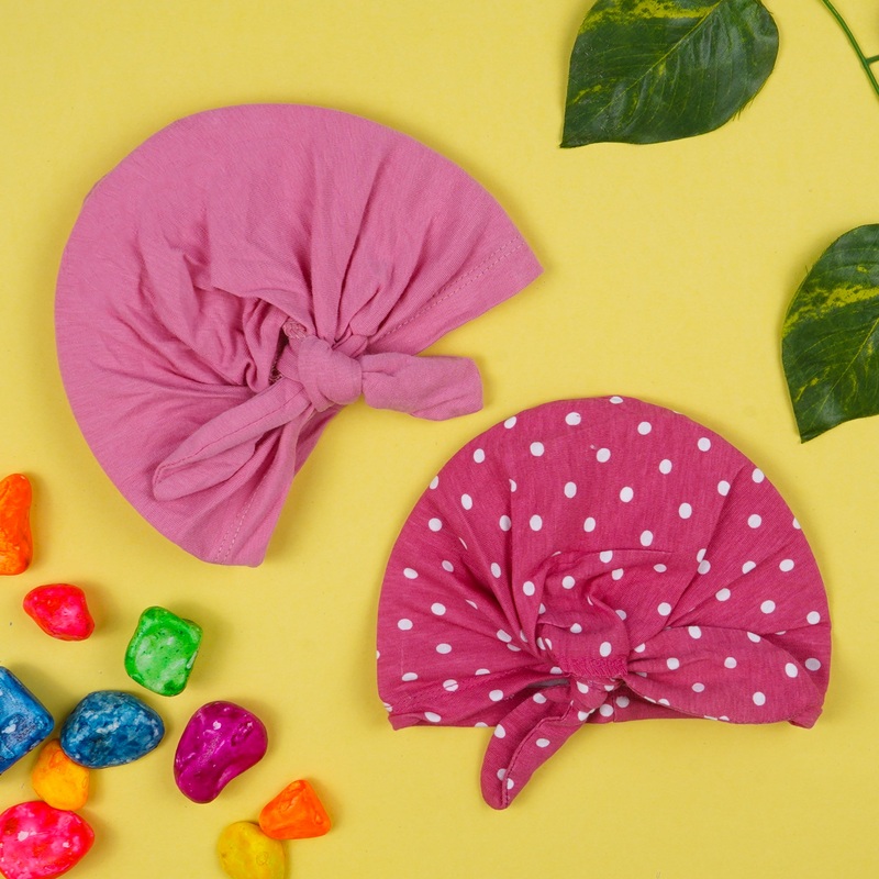 Baby Pack Of 2 Cotton Turban Cap Set Doted Pink – Sunshine