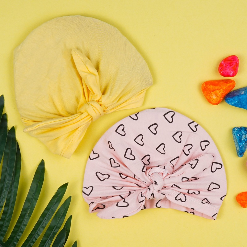 Baby Pack Of 2 Cotton Turban Cap Set Hearts Pink & Yellow – Sunshine