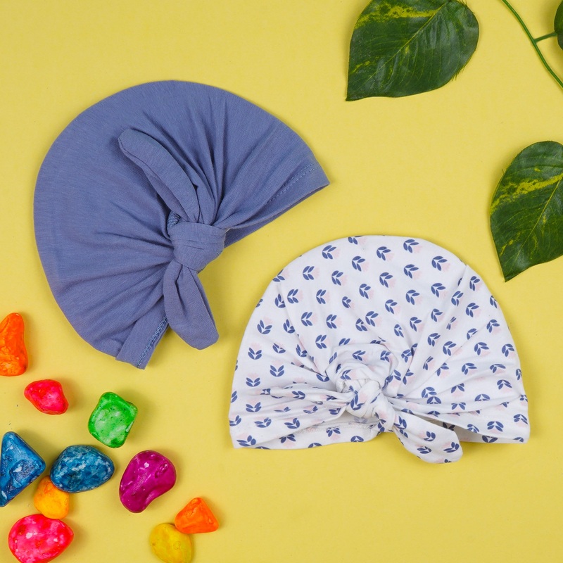 Baby Pack Of 2 Cotton Turban Cap Set Pink & Blue Leaves – Sunshine