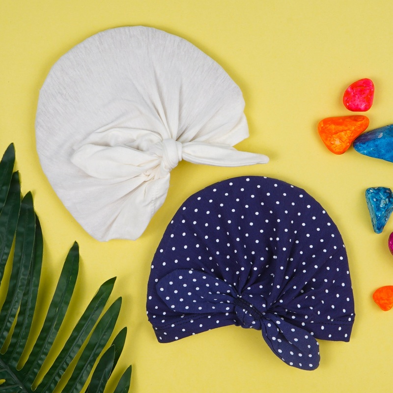 Baby Pack Of 2 Cotton Turban Cap Set Polka Dots Navy Blue & White – Sunshine