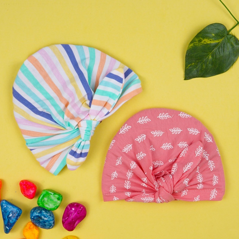 Baby Pack Of 2 Cotton Turban Cap Set Rainbow Stripes – Sunshine