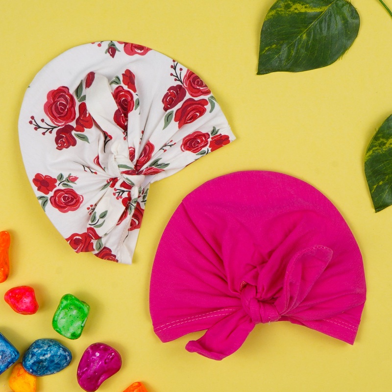 Baby Pack Of 2 Cotton Turban Cap Set Red Rose White – Sunshine