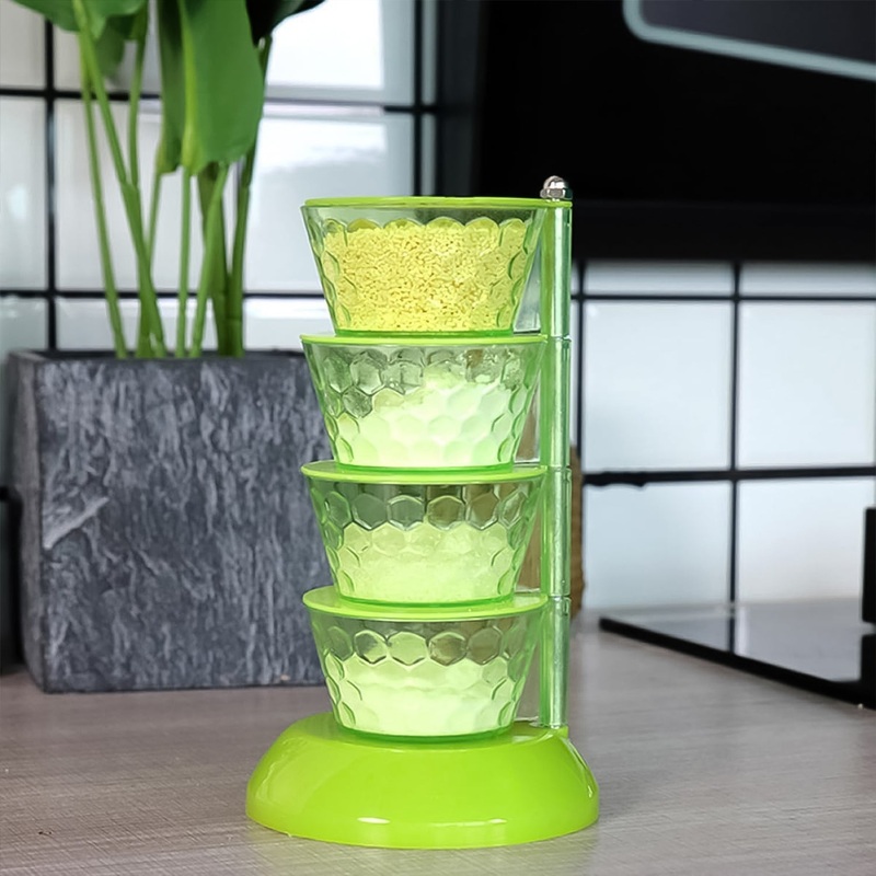 4 Section 360 Rotating Vertical Seasoning Box Plastic Pickle Tower | Spice Rack (4 Layer with 4 Plastic Spoon / 1 Set)