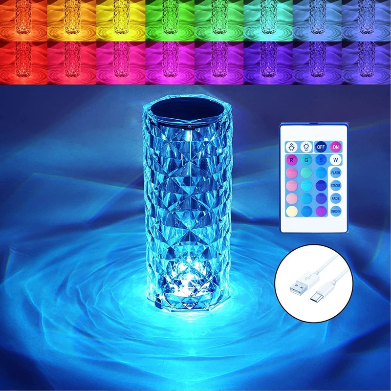 Crystal Touch Night Light (16 Colors) – Rose Diamond Table Lamp with Remote Control, USB Table Lamp, Romantic Date Lighting Decor for Festival, Bedroom, Dining Room