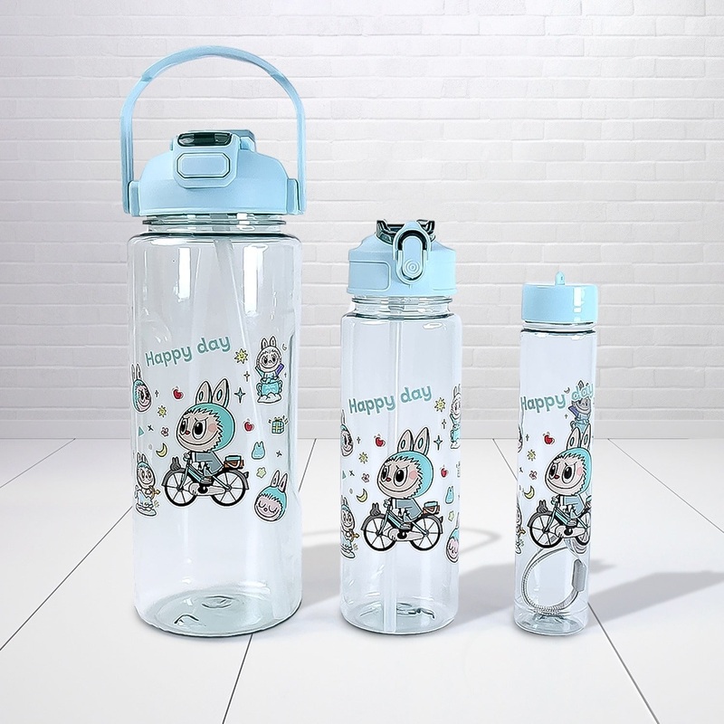 3 in 1 Plastic water drinking bottle with handle straw  (3 Pcs Set)