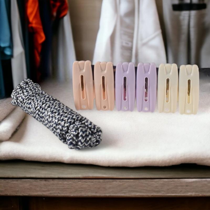 Cloth Drying Rope with Clips  Convenient and Durable Hanging Solution (7 Pc Set)