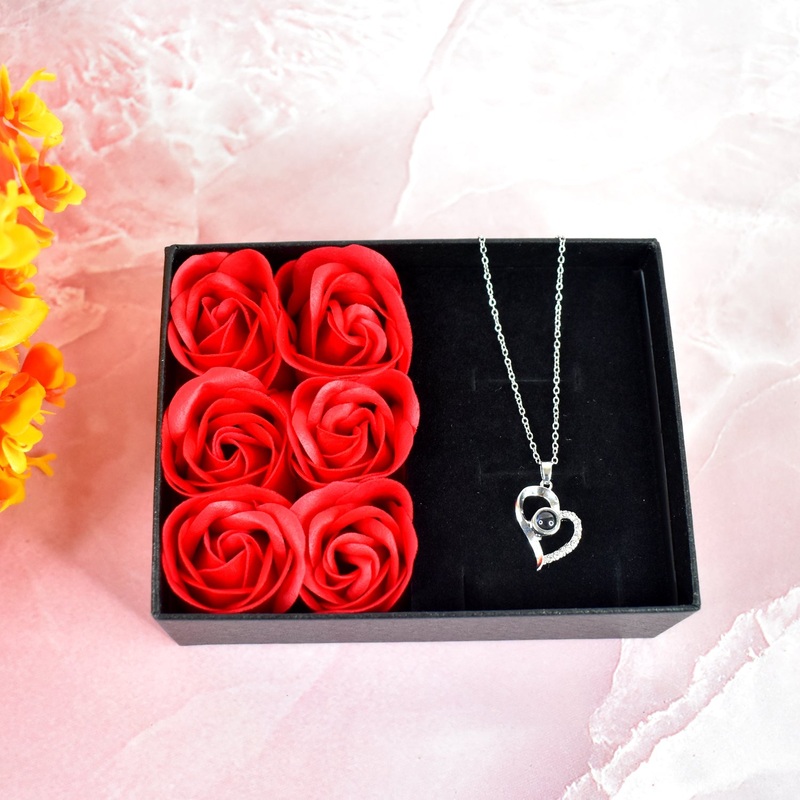 Rose Flower Gift Box, Handmade Eternal Rose with I Love You Necklace, Valentine’s Day,