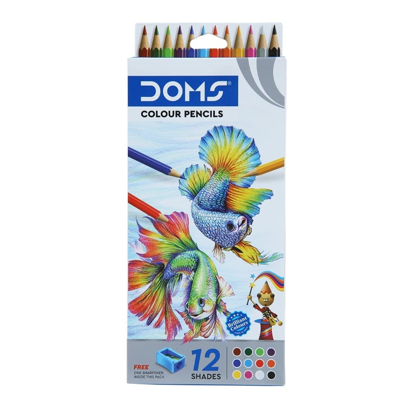 Doms 12 Shades Color Pencils | Hexagonal Shaped Body For Comfortable Grip | Bright & Playful Colors | Free Sharpner With Each Pack | Non-Toxic & Safe For Children