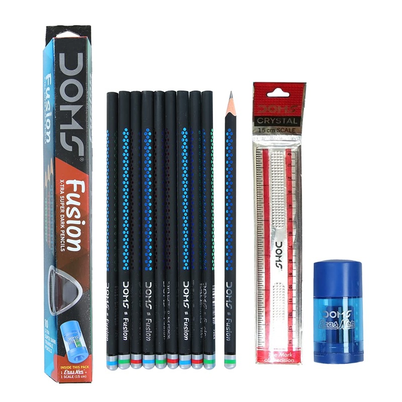 DOMS Fusion Xtra Super Dark Pencil School Stationary Rubber Tipped Graphite for Kids Pack of 10