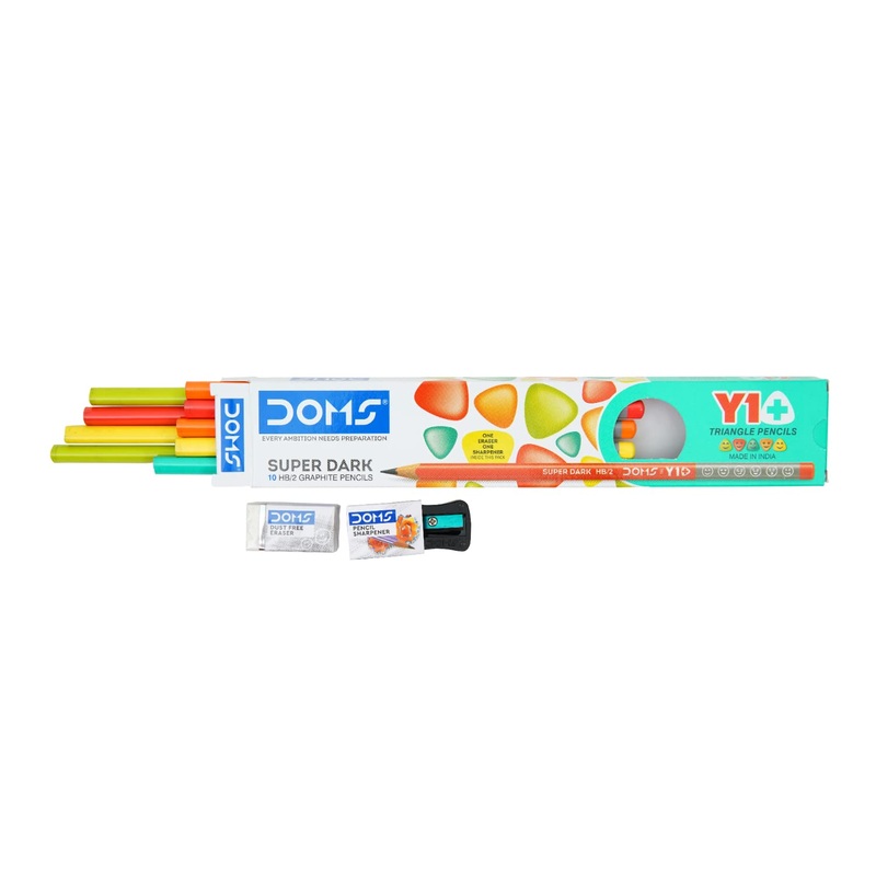 DOMS Y1 + Super Dark HB/2 Graphite Pencil Box Pack | Triangular Shape For Easy Hold & Comfortable Writing | Free One Eraser & Sharpner With Each Pack | Set Of 10