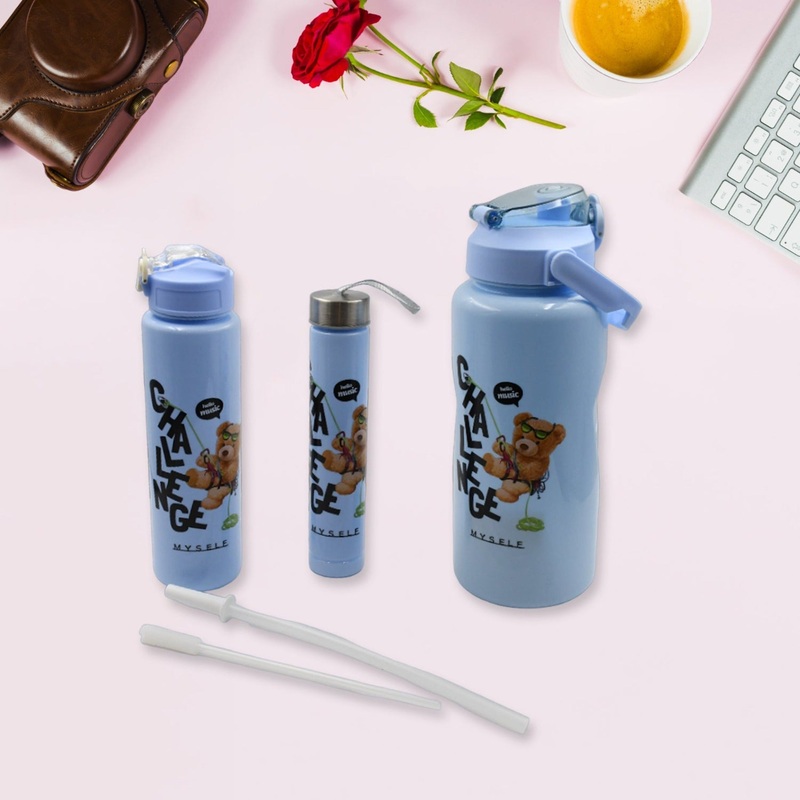 Plastic Water Bottle 3pc Set,3  Different Size Bottle High Quality Water Bottle Plastic Water Bottle BPA-Free & Leak-Proof!  Cartoon Printed Design for Kids’ School, For Fridge, Office, Sports, School, Gym, Yoga (3 Pc Set)