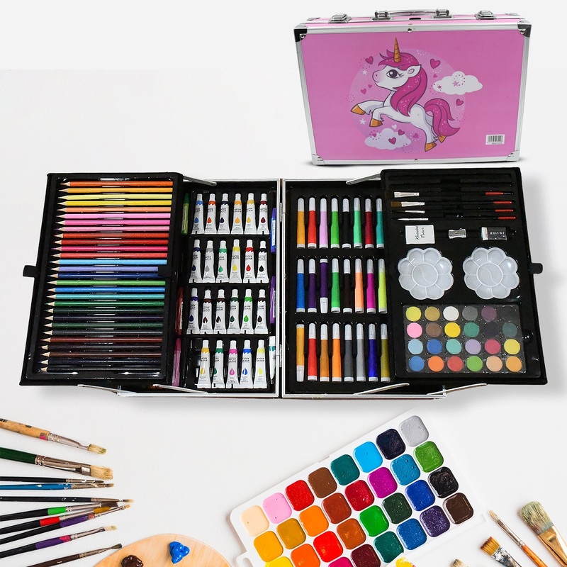 17980Professional Art Set-Drawing Painting Sketching Coloring Kids Set All in 1 Art Case Perfect for Kids with Unicorn Design Case, Shading Crayons Oil Pastels Color Set Watercolor Cakes Paint Brush Sharpener Eraser (145 Pcs Set)