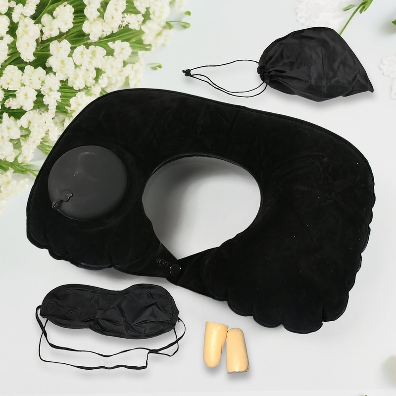 85123 in 1 Comfortable Travel Sleeping Kit, Neck Pillow, Eye Mask & Ear Plug Set Inflatable Plane Sleeping Pillow Head Neck Support Pillows for Travel Airplane Office, Black