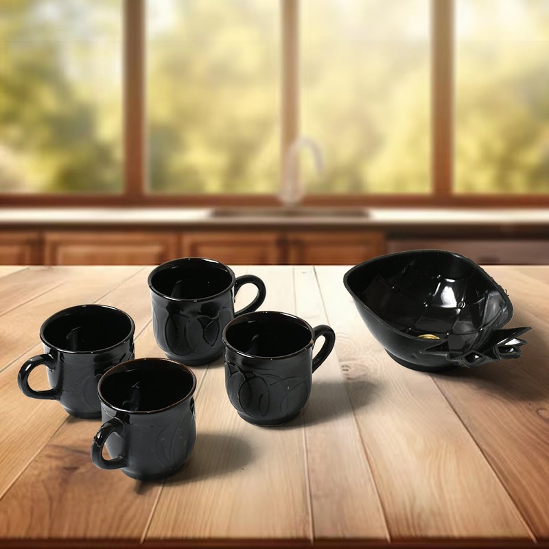 Pine Party Ceramic Tea / cups / Mug Set With Pineapple Shape Serving BowlMilk Cup, Coffee Cup, Tea Cup, Breakfast Cup, Drinking Mug or Outdoor for Household, Gift for Birthday, Wedding Party (5 Pcs set)
