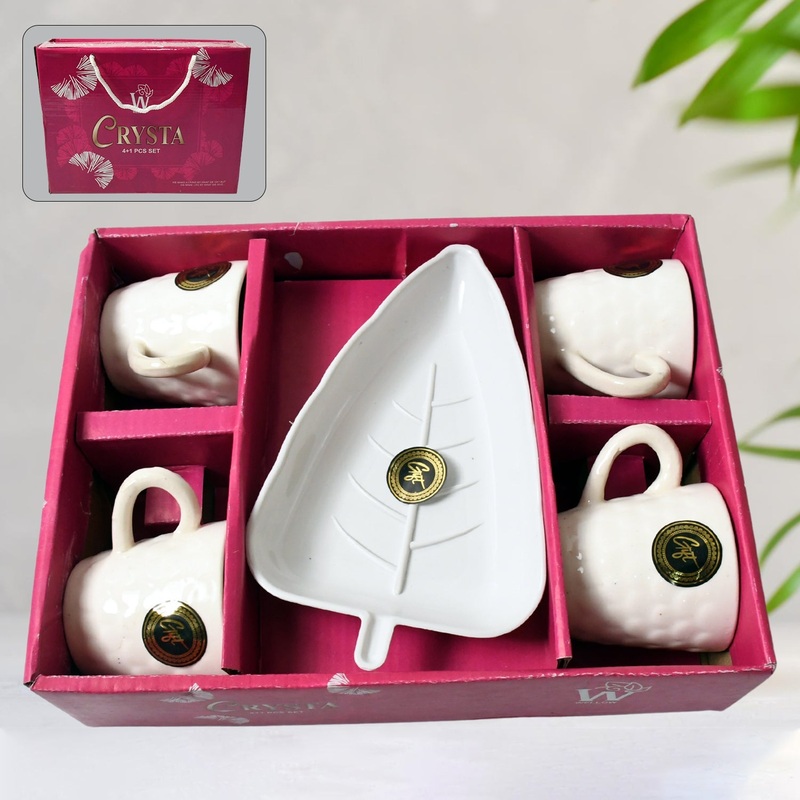 Crysta Ceramic Tea Cups With Plastic tray Environmental Friendly Festival for Milk Cup, Coffee Cup, Tea Cup, Breakfast Cup,Drinking Mug or Outdoor for Household Gift For Birthday (5 Pcs Set)