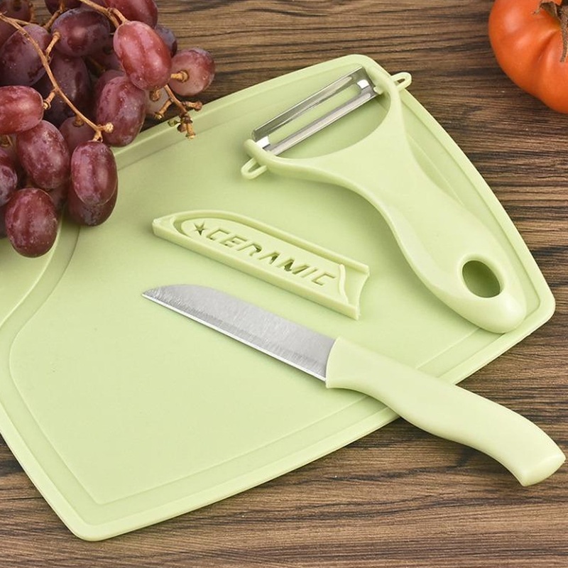 Plastic Kitchen Peeler – Green & Classic Stainless Steel 3-Piece Knife Set Combo