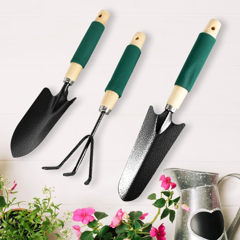 Gardening Tools – Hand Cultivator, Trowel, Heavy Duty with Ergonomic Wooden Handle for Transplanting and Digging (3 Pcs Set)