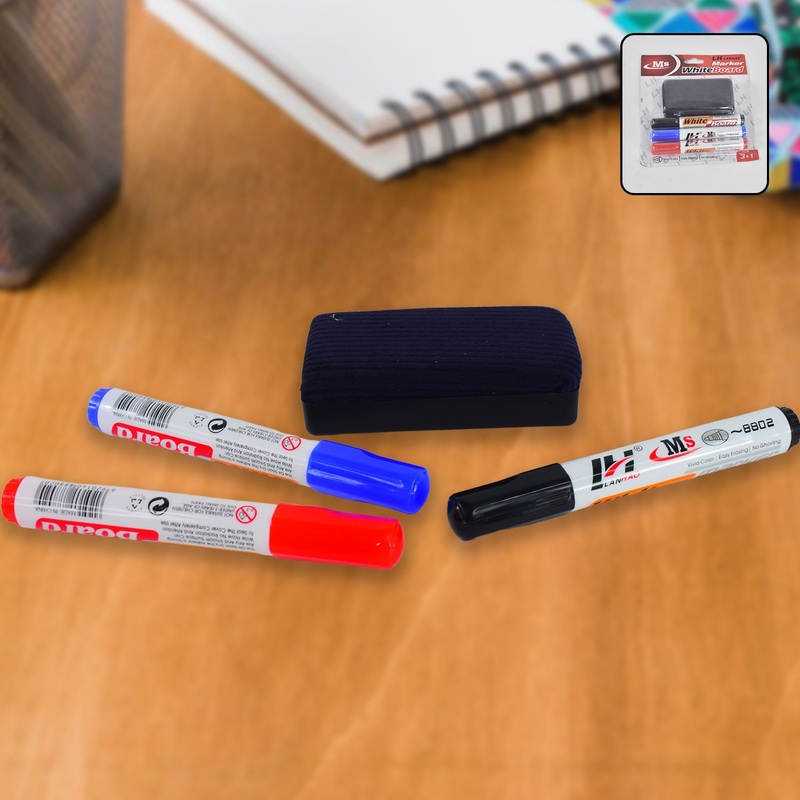 Whiteboard Marker Set (Blue, Black, Red) with Board Duster – Pack of 4