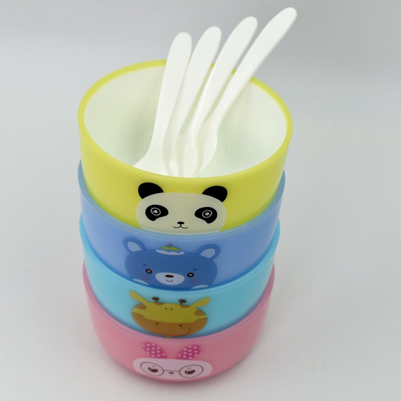 Plastic Animal Cartoon Colorful Bowl set,  4 Pieces Bowl with 4 Spoons for Kids (Assorted Color)