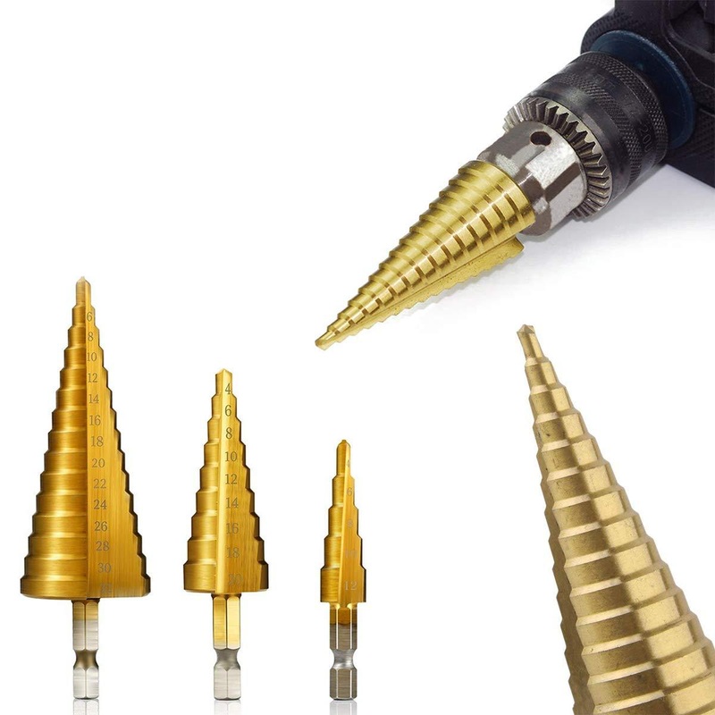 ‘-3X Large HSS Steel Step Cone Drill Titanium Bit Set Hole Cutter (4-32, 4-20, 4-12mm)